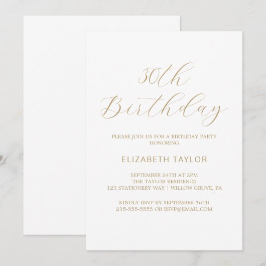 Elegante gouden kalligrafie 30e verjaardag uitnodi kaart (Voorkant / Achterkant)
