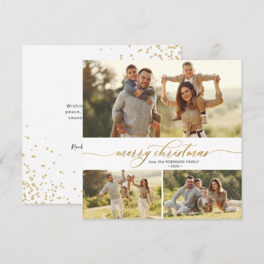 Elegante Gouden Kalligrafie 3 Multi Foto Kerstmis Feestdagenkaart (Voorkant / Achterkant)