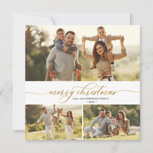 Elegante Gouden Kalligrafie 3 Multi Foto Kerstmis Feestdagenkaart (Voorkant)