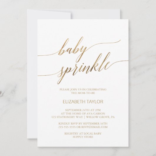 Elegante gouden kalligrafie baby sprinkle kaart (Voorkant)