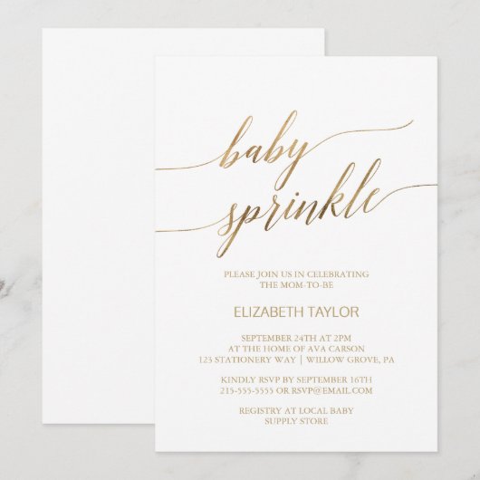 Elegante gouden kalligrafie baby sprinkle kaart (Voorkant / Achterkant)