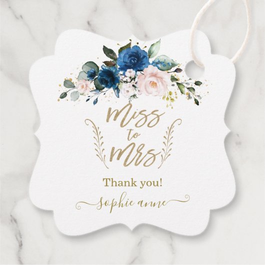 Elegante gouden kalligrafie blauwe bloem bruiloft  bedankjes labels (Achterkant)