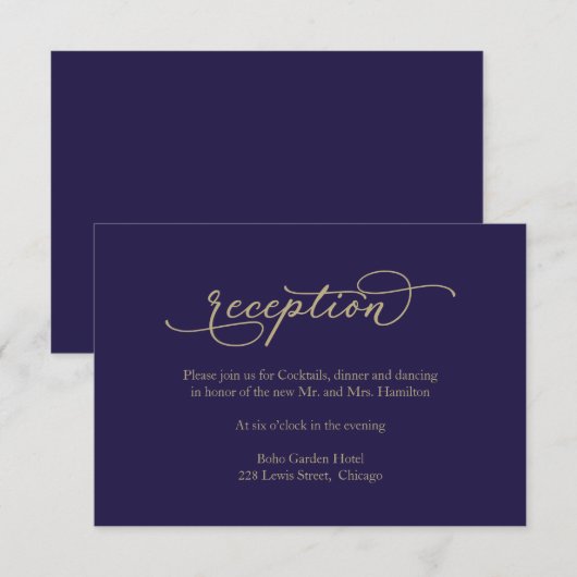 Elegante gouden kalligrafie blauwe bruiloft recept RSVP kaartje (Voorkant / Achterkant)
