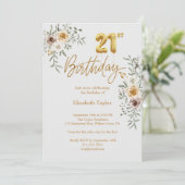 Elegante gouden kalligrafie & bloemen 21e verjaard kaart (Staand voorkant)