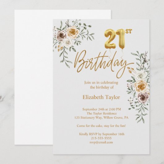 Elegante gouden kalligrafie & bloemen 21e verjaard kaart (Voorkant / Achterkant)