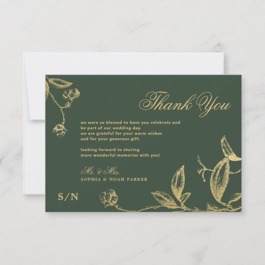 Elegante gouden kalligrafie bloemengroene bruiloft bedankkaart (Voorkant)