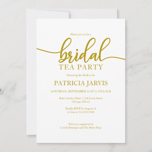 Elegante gouden kalligrafie bruids thee party kaart (Voorkant)
