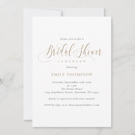 Elegante gouden kalligrafie bruidsdouche kaart (Voorkant)