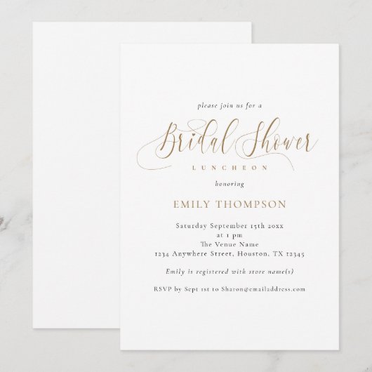 Elegante gouden kalligrafie bruidsdouche kaart (Voorkant / Achterkant)