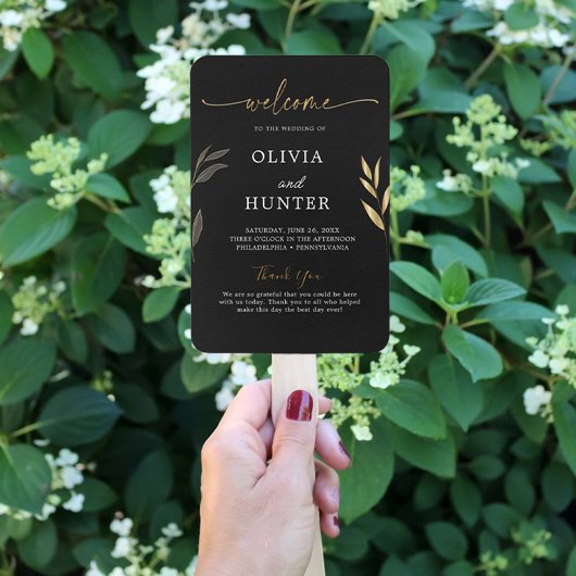 Elegante gouden kalligrafie bruiloft partij progra handwaaier