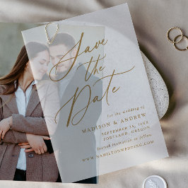 Elegante gouden kalligrafie bruiloft Save the Date Vellum Uitnodigingen