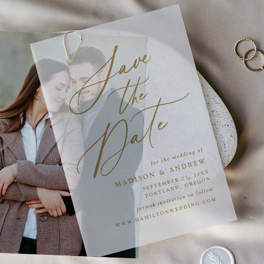 Elegante gouden kalligrafie bruiloft Save the Date Vellum Uitnodigingen