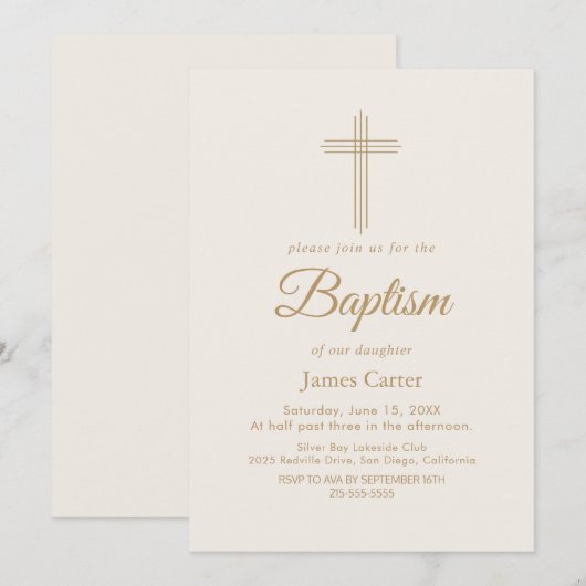 Elegante gouden kalligrafie Crème Kruik Doop  Kaart (Voorkant / Achterkant)