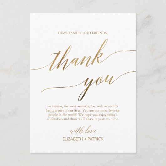 Elegante gouden kalligrafie Dank u Receptie Kaart (Voorkant)