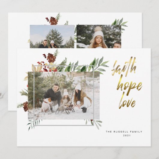 Elegante gouden kalligrafie Drie foto Kerstmis Feestdagenkaart (Voorkant / Achterkant)