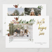 Elegante gouden kalligrafie Drie foto Kerstmis Feestdagenkaart (Voorkant / Achterkant)