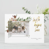 Elegante gouden kalligrafie Drie foto Kerstmis Feestdagenkaart (Staand voorkant)