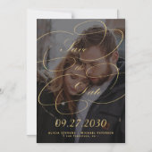 Elegante gouden kalligrafie foto bruiloft save dat magnetische uitnodiging (Voorkant)