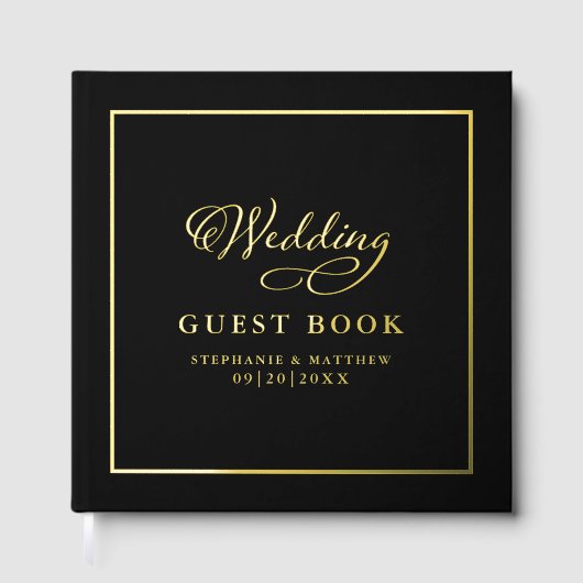 Elegante Gouden Kalligrafie Foto Huwelijk Chic Zwa Gastenboek (Voorkant)