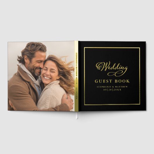 Elegante Gouden Kalligrafie Foto Huwelijk Chic Zwa Gastenboek (Volledig)