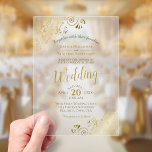 Elegante Gouden Kalligrafie Kantachtige Decoratiev Acryl Uitnodigingen<br><div class="desc">Deze prachtige acryl bruiloft uitnodigingen hebben een ontwerp dat elegant, klassiek, stijlvol en glamoureus is met fancy gouden kalligrafie en delicate gouden krullen en krullen in de hoeken. Een prachtige manier om een blijvende indruk te maken en uw gasten uit te nodigen om uw vreugde te delen op uw speciale...</div>