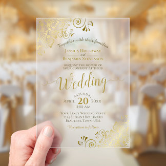 Elegante Gouden Kalligrafie Kantachtige Decoratiev Acryl Uitnodigingen