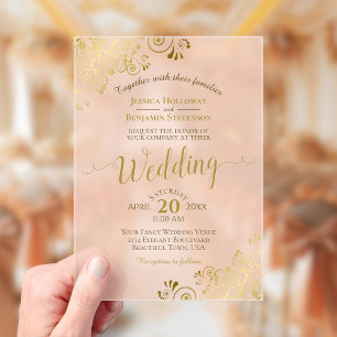 Elegante Gouden Kalligrafie Koraal Perzik Bruiloft Acryl Uitnodigingen