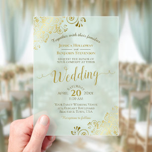 Elegante gouden kalligrafie Mint Green Wedding Acryl Uitnodigingen