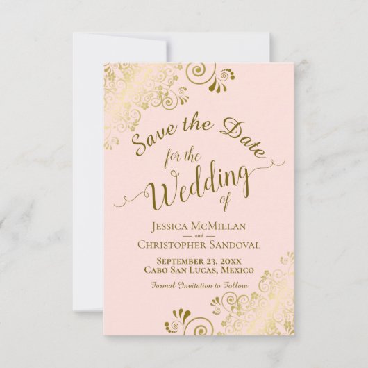 Elegante gouden kalligrafie op Blush Pink Wedding Save The Date (Voorkant)