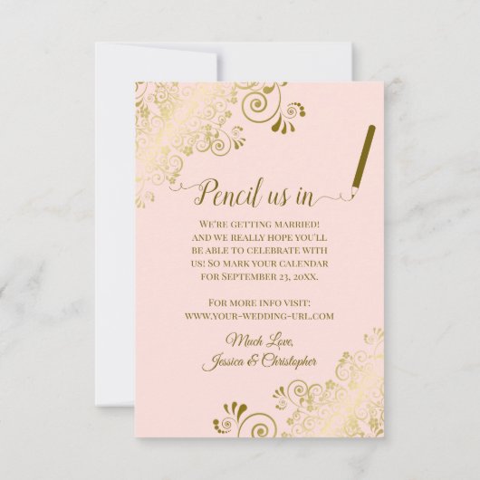 Elegante gouden kalligrafie op Blush Pink Wedding Save The Date (Achterkant)