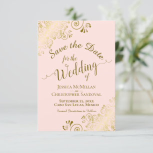 Elegante gouden kalligrafie op Blush Pink Wedding Save The Date