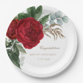 Elegante gouden kalligrafie rode bloemenbruiloft papieren bordje (Voorkant)