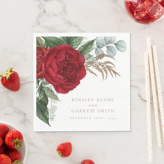 Elegante gouden kalligrafie rode bloemenbruiloft servet (Insitu)