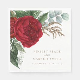 Elegante gouden kalligrafie rode bloemenbruiloft servet