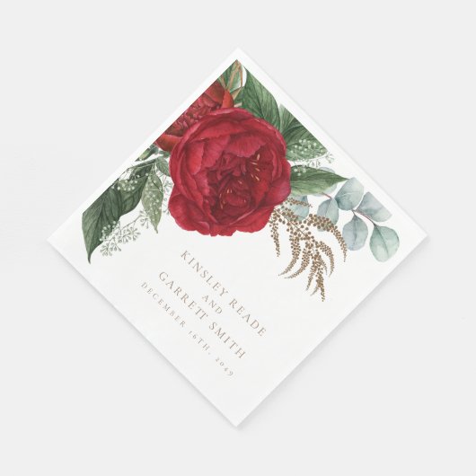 Elegante gouden kalligrafie rode bloemenbruiloft servet (Hoek)