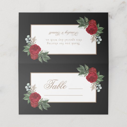Elegante gouden kalligrafie rood bloemig plaatskaartje (Buitenkant ongevouwen)