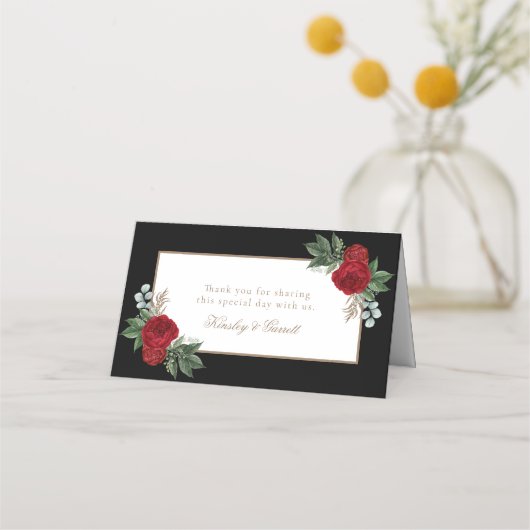 Elegante gouden kalligrafie rood bloemig plaatskaartje (Achterkant)