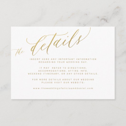 Elegante gouden kalligrafie script bruiloft detail informatiekaartje (Voorkant)