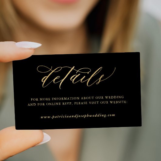 Elegante gouden kalligrafie zwart bruiloft details informatiekaartje