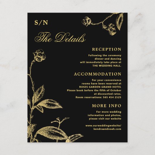 Elegante gouden kalligrafie zwart bruiloft details informatiekaartje (Voorkant)