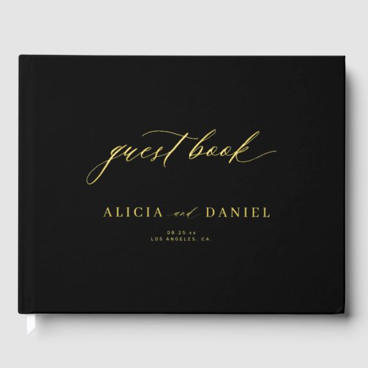 Elegante gouden kalligrafie zwarte minimalistische gastenboek (Voorkant)