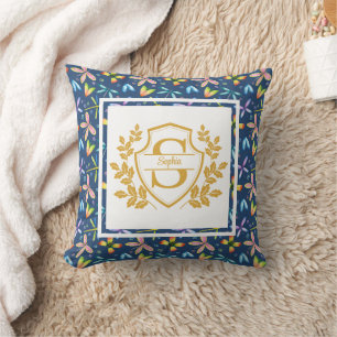 Elegante Gouden Kam Monogram Navy Bloem Waterverf Kussen