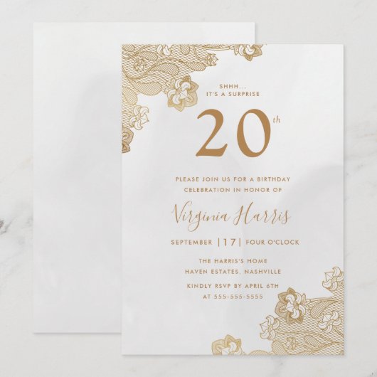 Elegante gouden kant  20e verjaardag kaart (Voorkant / Achterkant)