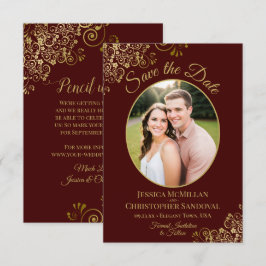 Elegante gouden kant en foto bruine bruiloft Aubur Save The Date