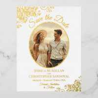 Elegante gouden kant & foto witte save the date