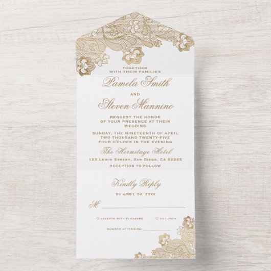 Elegante gouden kant grens bruiloft met RSVP All In One Uitnodiging (Binnen)