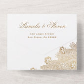 Elegante gouden kant grens bruiloft met RSVP All In One Uitnodiging (Achterkant)