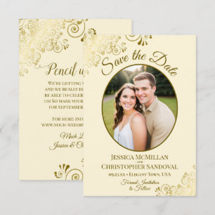 Elegante Gouden Kant Ovale Foto Ivory Crème Trouw Save The Date