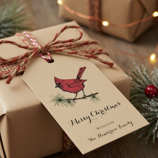 Elegante gouden kardinaal vogel kerst cadeaulabel