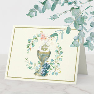 Elegante Gouden Katholieke Eucalyptus Kelk Hostie Feestdagen Kaart